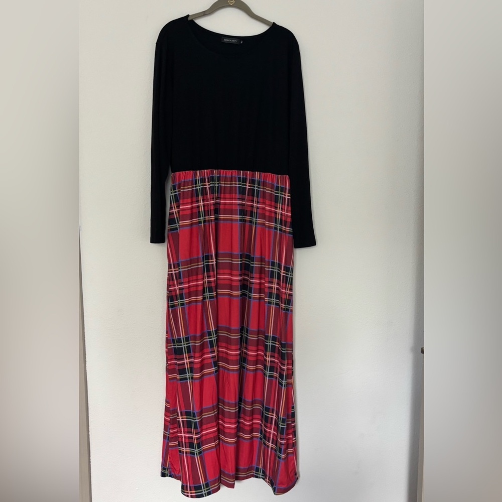 Merokeety Women’s Long Sleeve Plaid Empire Waist Full Length Maxi Dress